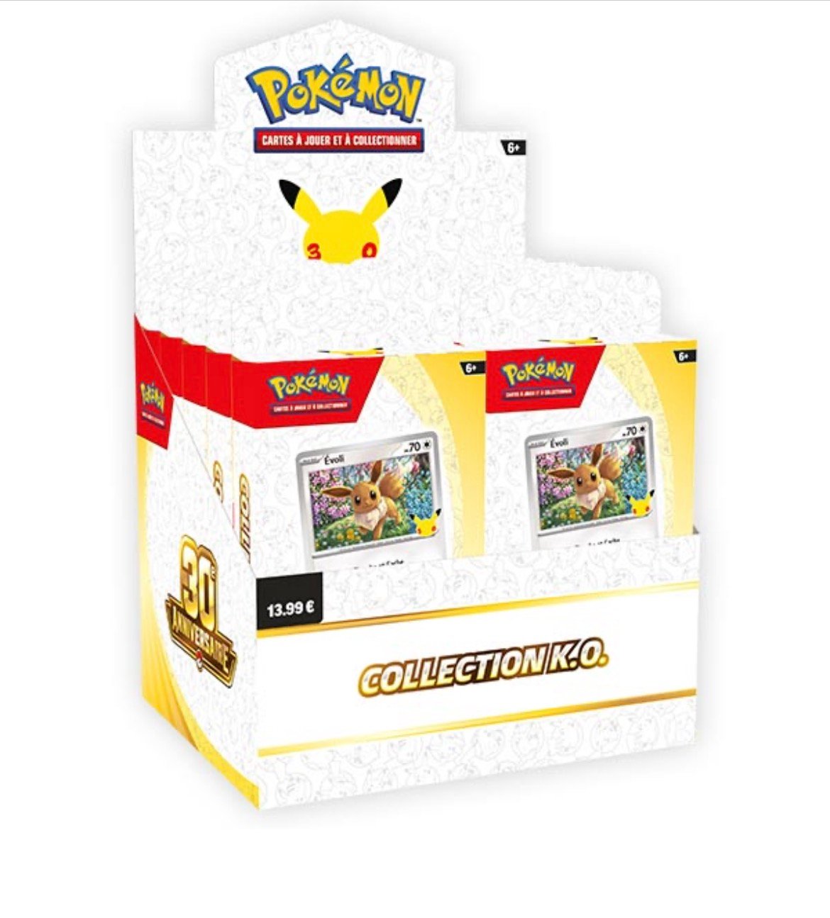 Présentoir Pokémon 30 ans avec des packs français Évoli